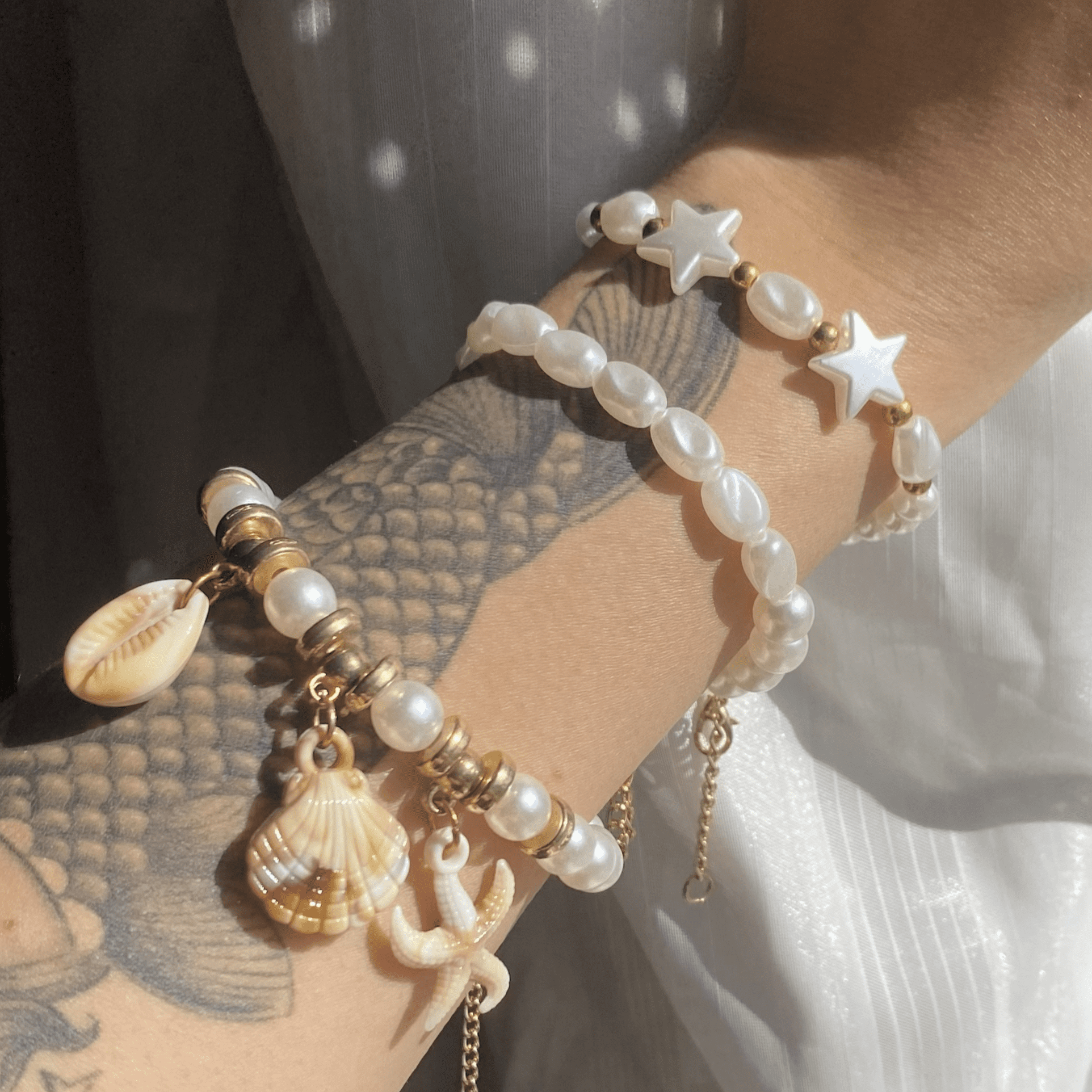 conjunto pulseira pérolas mar oceano miçanga feito à mão